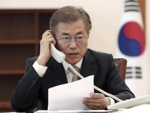 South Korean President Moon Jae-in talks on the phone with Chinese President Xi Jinping at the presidential Blue House in Seoul, South Korea. Picture: APSource:AP