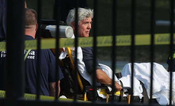 US Rep. Roger Williams (Republican, Texas) is wheeled away by emergency medical service personnel from the Eugene Simpson Stadium Park June 14, 2017 in Alexandria, Virginia. PHOTO | ALEX WONG | AFP